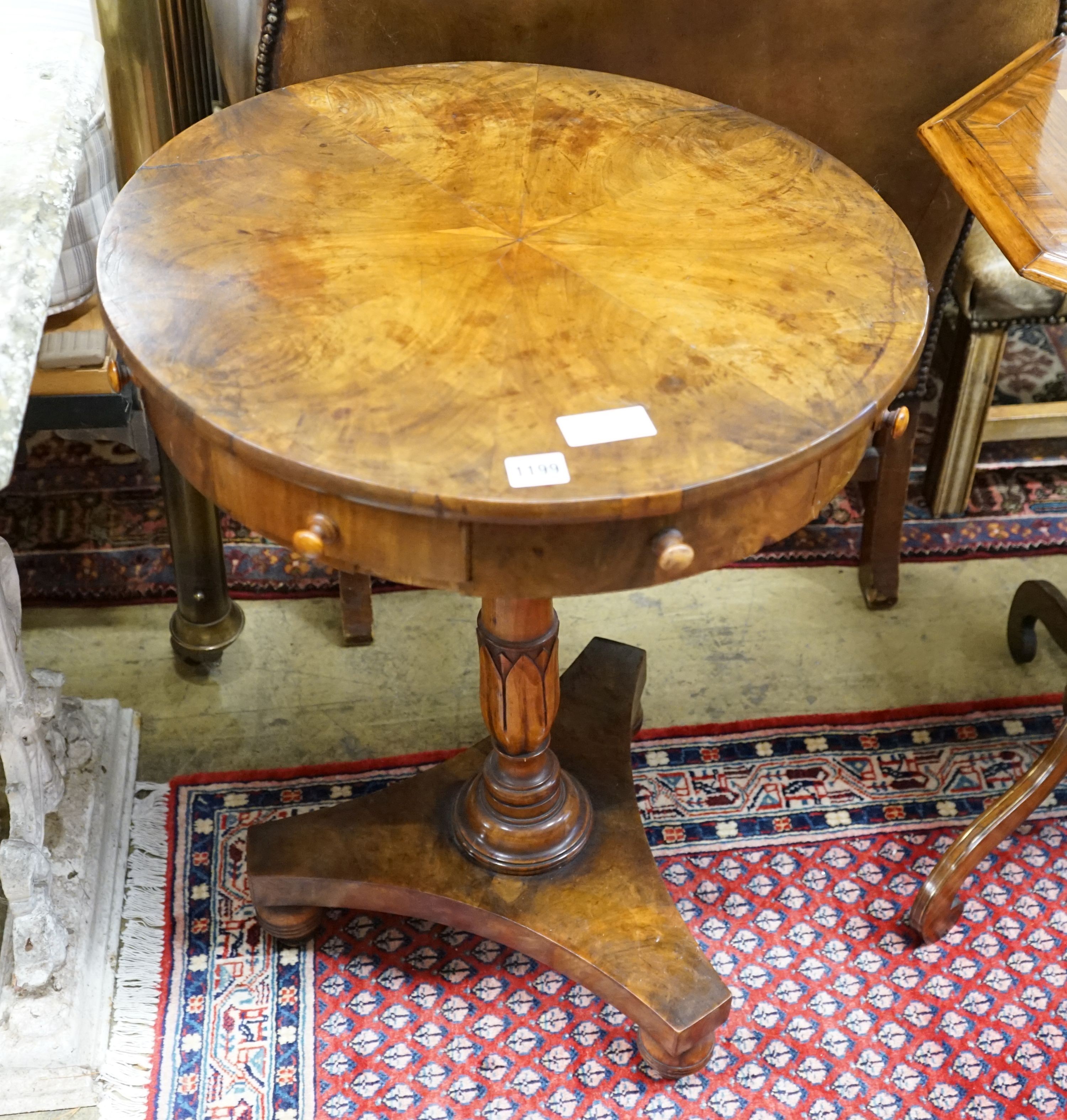 An early 19th century Maltese olive wood circular inlaid drum table, pedestal base, diameter 54cm, height 72cm